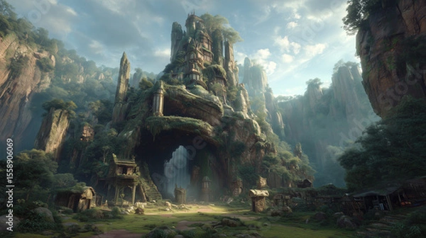 Obraz Overgrown mountain fortress in a hidden fantasy valley