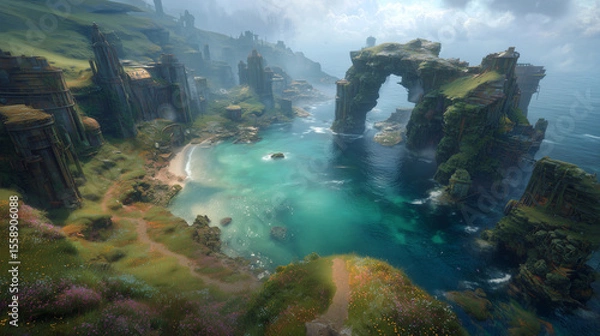 Obraz Ancient coastal ruins surrounding a secluded turquoise cove