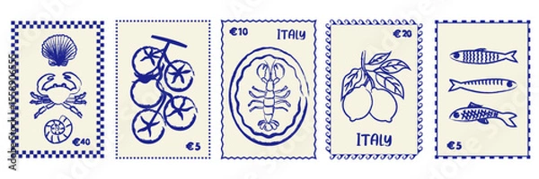Fototapeta Mediterranean stamp card design. Vintage Italian print with seafood, tomatoes, sardine and lemon. retro frame design for postcards, , packaging, 
menus, wall art and invitation cards.
