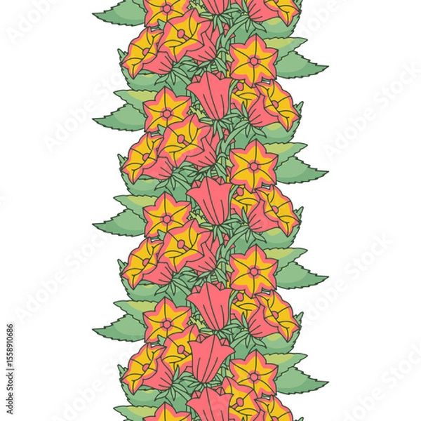 Fototapeta Stripe pattern with line art canary islands flowers bellflower. Floral vertical seamless border with hand drawn millefleur style botanicals. Vector illustration
