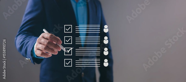 Obraz Recruitment, HR selection, candidate evaluation, human resources management, talent acquisition, professional staffing strategy, Manager using stylus to select employees on virtual checklist interface