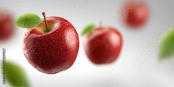 Fototapeta Fresh apples falling or suspended in mid-air, isolated on a white background