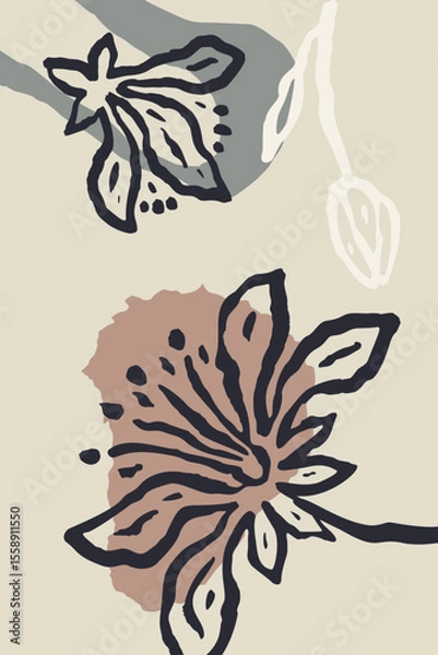 Fototapeta Poster or card with ink brush abstract sketch flower and leaves organic shapes background. Minimalist floral composition for cover, wall art or brochure design. Vector illustration