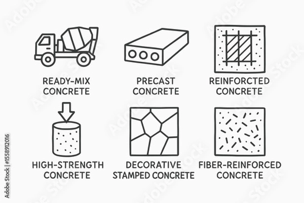 Obraz Types of concrete illustration: ready-mix, precast, reinforced, high-strength, decorative, fiber-reinforced
