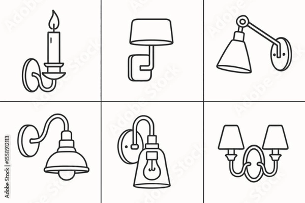 Obraz Set of six minimalist wall lamp drawings in line art style