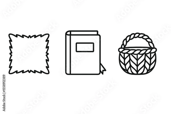 Obraz Minimalist icons of fluffy pillow, book, and knitted basket