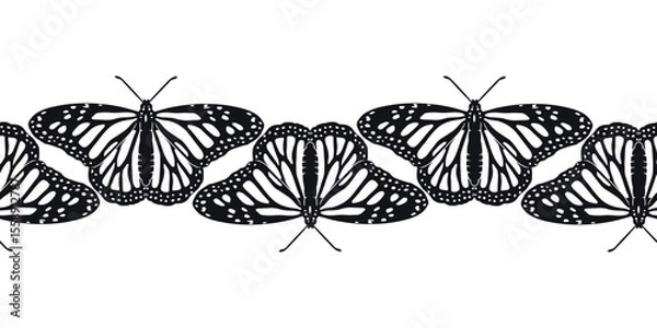 Fototapeta Horizontal stripe pattern with hand drawn black and white monarch butterflies. Seamless border of monochrome tropical insect. Vector illustration on white background