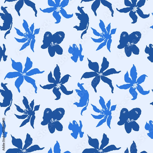 Fototapeta Seamless pattern with monochrome blue hand drawn flowers. Loose botanical repeat background. Rough florals wallpaper.