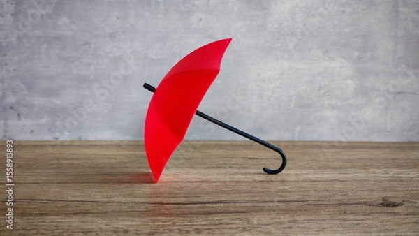 Fototapeta Red Umbrella on Wooden Table, Symbolizing Protection, Insurance, and Risk Management Concepts