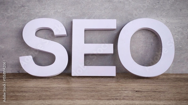 Fototapeta Large White "SEO" Letters on Wooden Table with Concrete Background, Representing Search Engine Optimization