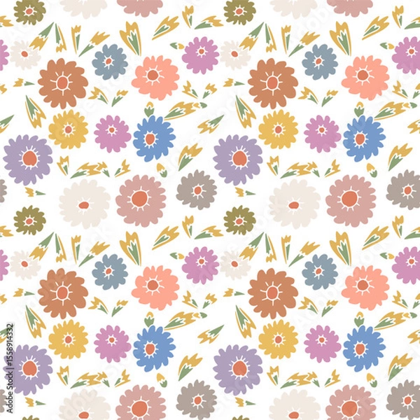 Fototapeta Ditsy floral seamless pattern on white background. Hand drawn vintage backdrop with tiny flowers. Cottagecore texture with sketchy blooms.