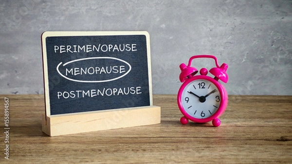 Fototapeta Menopause Cycle Diagram on Chalkboard with Alarm Clock, Illustrating Perimenopause, Menopause, and Postmenopause Phases