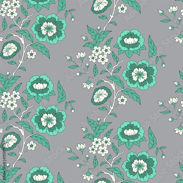 Fototapeta Seamless pattern with hand drawn teal chinoiserie flowers on gray background. Floral repeat wallpaper with chinese style ornament. Vector illustration