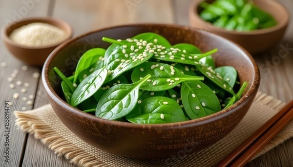 Fototapeta Homemade Sesame Asian Spinach Salad with Soy Sauce