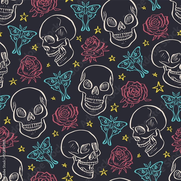 Fototapeta Seamless pattern with hand drawn inky floral skulls surrounded by luna moths and roses. Skeleton heads repeat background with butterflies and flowers.