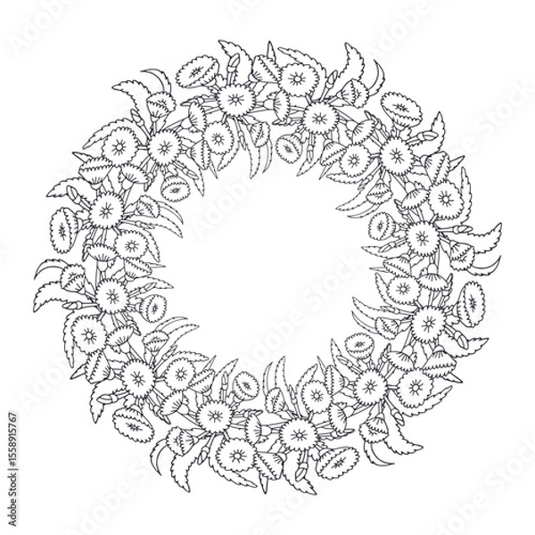 Fototapeta Hand drawn black and white line art canary islands flowers tree sonchus wreath. Card template with cute monochrome floral frame. Botanical vector illustration isolated on white.