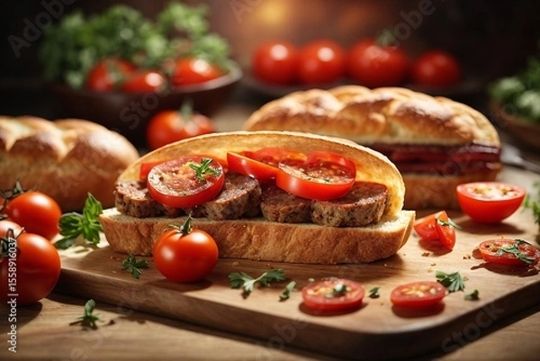 Fototapeta Appetizing meat sandwich with tender bread accompanied by tomatoes.