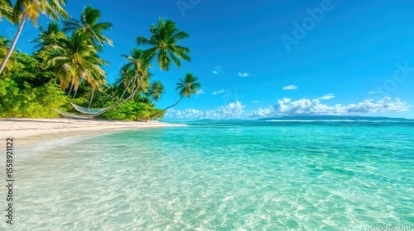 Obraz Tropical Paradise: Hammock, Palm Trees and Turquoise Water