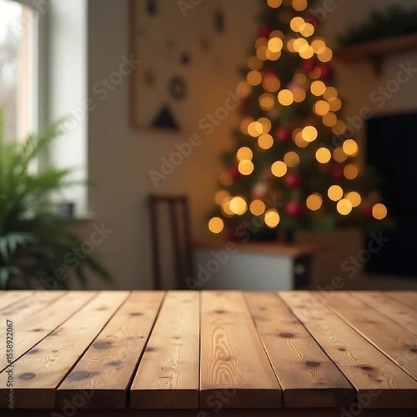 Fototapeta     Rustic Wooden Table with Warm Natural Grain in Festive Christmas Background Featuring Bokeh Lights and Decorated Tree – Cozy Holiday Mockup Scene