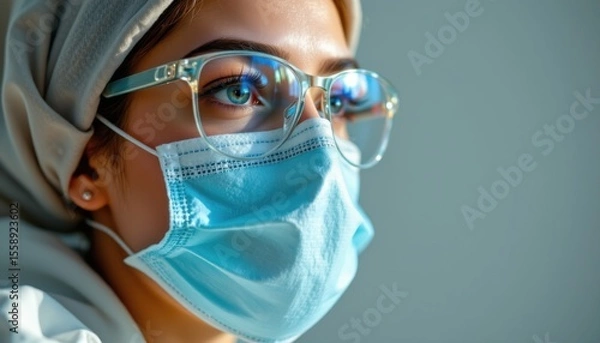 Fototapeta closeup woman face wearing hygienic surgical mask and protective eyeglasses to prevent contagious pandemic threat, captured from a dramatic worm's eye, third person view in ethereal light