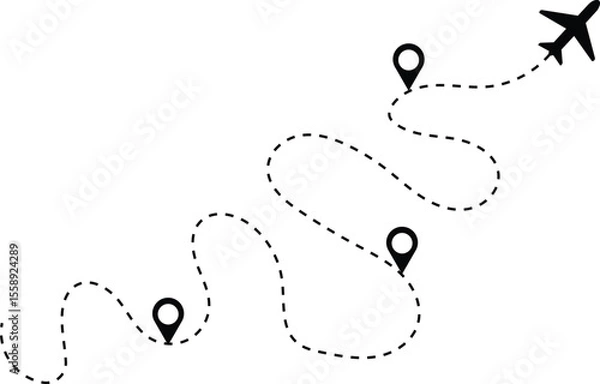 Fototapeta Airplane road featuring a dashed line. This represents the flight path of a plane. The airplane is depicted in flight, leaving behind a twisted, curved, and straight dashed trace along its route.

