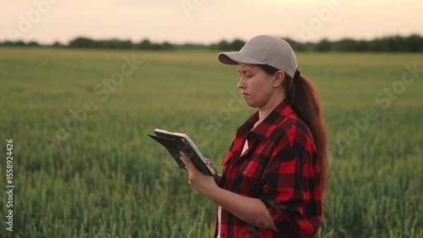 Fototapeta Agriculture, Tablet use for agriculture efficiency, Smart monitoring by woman, Woman s day at work in field, Agricultural innovations outdoor, Analyzing yield with gadget, Rural woman empowered