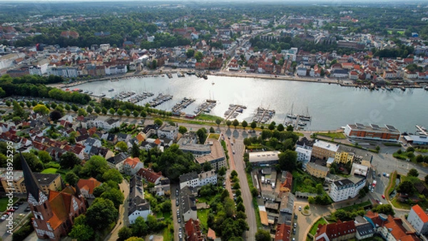 Fototapeta Aerial view of the old town of the city Flensburg in Germany on an overcast day in afternoon