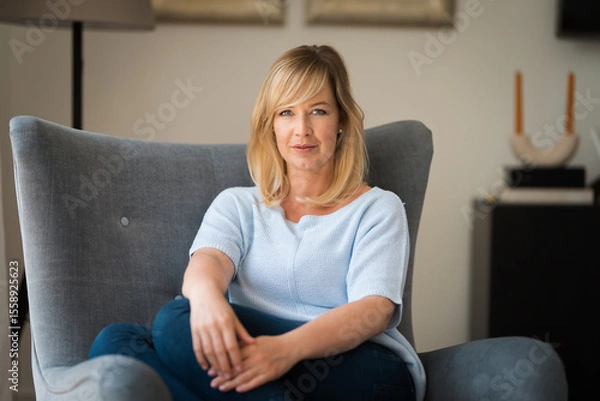 Obraz Portrait of a blond haired woman relaxing in an armchair at home