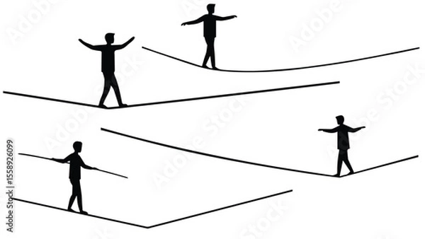 Fototapeta Silhouetted figures walking on tightropes symbolizing business risk management