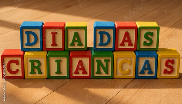 Fototapeta Blocos de madeira coloridos formando a frase "Dia das Crianças" em um ambiente iluminado, com piso de madeira ao fundo.