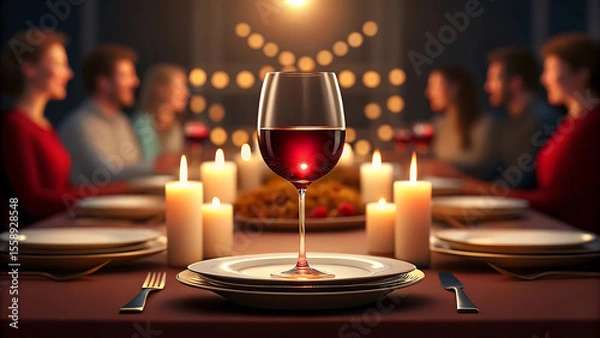 Fototapeta Elegant Dinner Party Setting with Wine Candles and Guests Sharing Food and Conversation in a Warm Ambient Setting