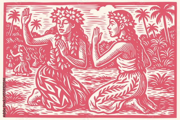 Fototapeta Two Hawaiian women perform a traditional hula dance on a tropical island. Vector illustration in a vintage red woodcut or linocut print style for travel themes.
