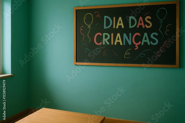Fototapeta Quadro negro decorado com a frase "Dia das Crianças" em letras coloridas, balões desenhados e ambiente de sala de aula com parede verde.