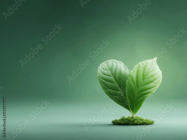 Obraz Two green leaves in heart shape with soft gradient background, symbolizing love nature and eco friendly concepts.