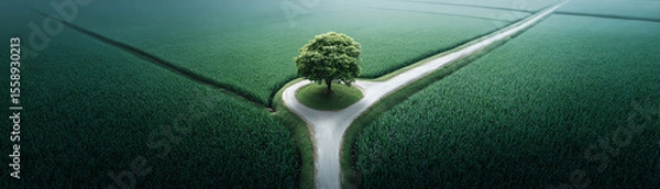 Obraz Lush green field single tree forked road aerial view summer rural landscape peaceful nature countryside symmetry