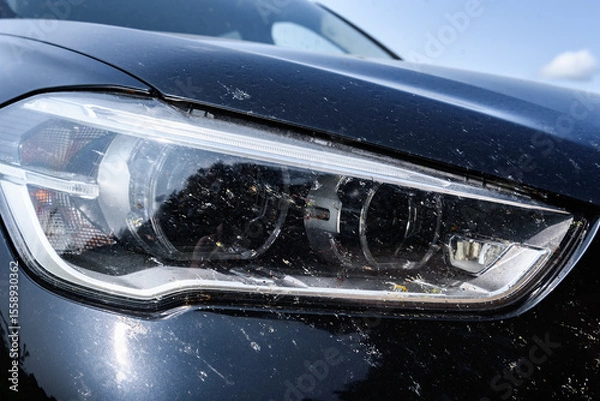 Fototapeta Killed insects on the bumper of the car, broken midges.