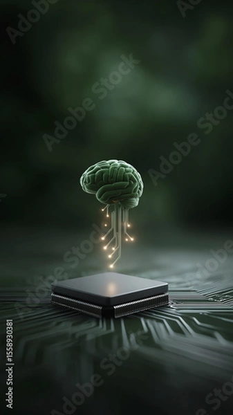 Fototapeta Artificial intelligence braincomputer interface microchip neural network technology green futuristic innovation digital science