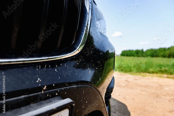 Fototapeta Killed insects on the bumper of the car, broken midges.