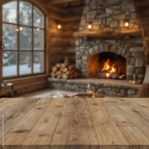 Fototapeta     Rustic Wooden Table with Warm Natural Grain in Festive Christmas Background Featuring Bokeh Lights and Decorated Tree – Cozy Holiday Mockup Scene