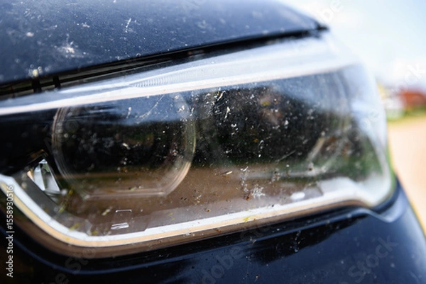 Fototapeta Killed insects on the bumper of the car, broken midges.