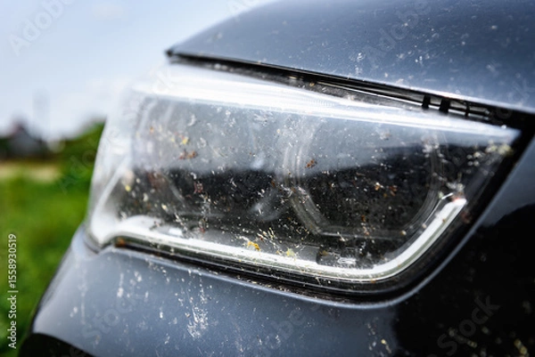 Fototapeta Killed insects on the bumper of the car, broken midges.