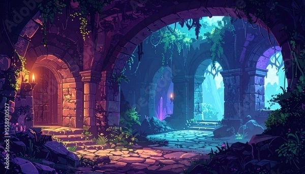 Obraz Enchanted Forest Ruins with Fantasy Game Background, and Magical Archway.