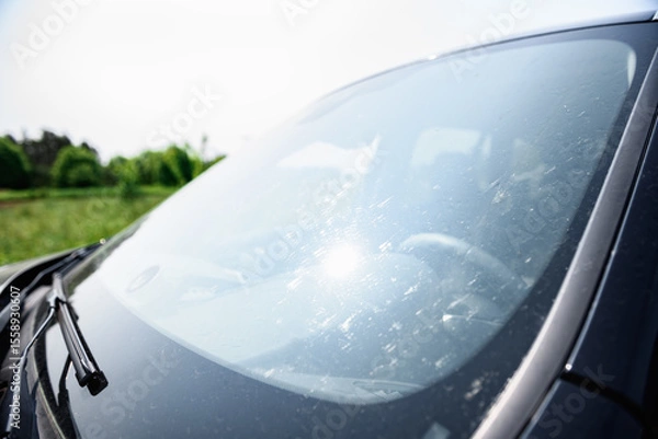 Fototapeta Smeared and dirty front windshield of a vehicle after hitting bugs.