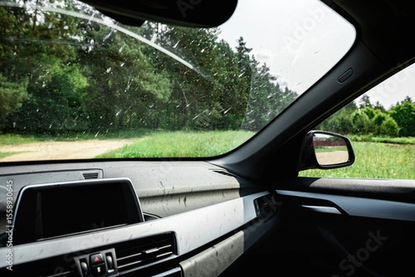 Fototapeta Smeared and dirty front windshield of a vehicle after hitting bugs.