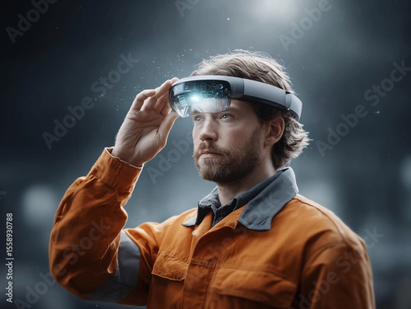 Obraz Maintenance worker augmented reality headset technology male orange uniform futuristic digital interface focused innovation workplace
