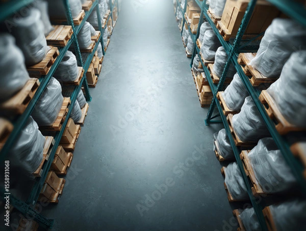 Fototapeta Warehouse aisle with organized shelves, cardboard boxes, pallets and efficient smart inventory management system industrial storage solution