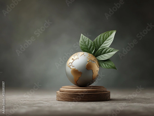 Obraz Golden globe trophy with green leaves on wooden base symbolizing environmental sustainability and achievement on neutral background