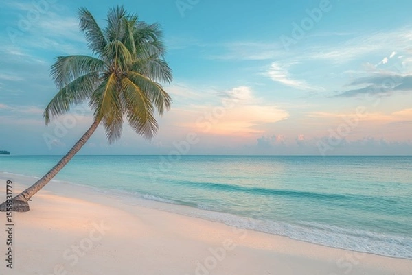 Fototapeta Tranquil Beach Scene with Palm Tree at Sunset Glow Over Water