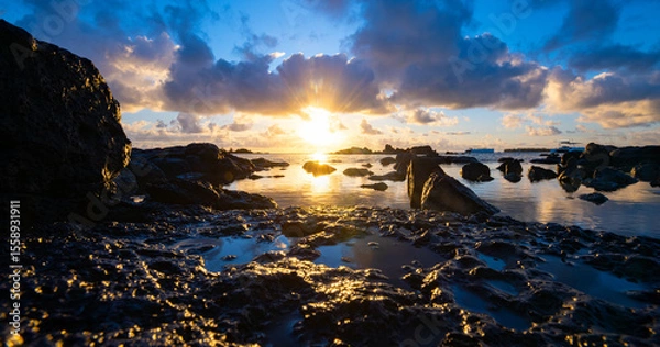 Fototapeta Panoramic view of north coast near Anse la Raie on Mauritius island with idyllic sunrise atmophere and colorful sky. Silhouettes of volcanic black rocks at low tide. Paradisiacal  vacation destination