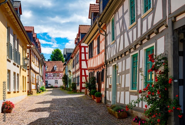 Fototapeta Idstein is a picturesque small city in Taunus Hessen Germany near Wiesbaden and Frankfurt. The old town with colorful truss houses and half timbering is a tourist attraction on a sunny summer day.